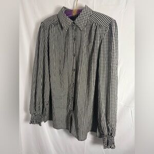 VTG Black Cream Gingham Cottagecore Long Sleeve Embroidered Boho Blouse Size L